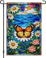 IVN Stained Glass Butterfly Garden Flag 12x18 Inch – Daisy and Water Lily Outdoor Flag, Double Sided Burlap Spring Summer Yard Flag for Porch Lawn Patio Decor