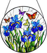 Stained Glass Window Hanging Iris Flower Suncatcher, Renyalora 10 Inch Round Glass Sun Catcher for Window Outdoor Garden Decor Butterfly Wall Art for Home, Patio, Porch Gift for Nature Lovers & Women