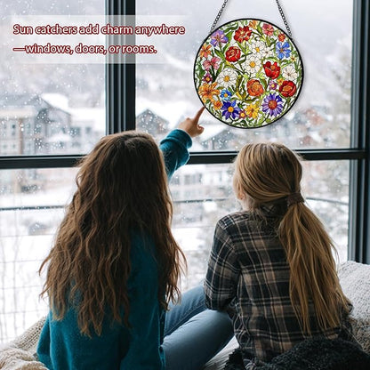 Flower Stained Glass Window Hanging, Suncatcher Diamond Glass Panel Hangings, Wildflower Colorful Sun Catchers Indoor Windows Wall Art, Gift for Mom Grandma, Christmas Decor for Home Office7.87 inches