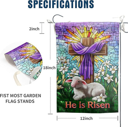 Christian Easter Garden Flag He is Risen Yard Flag Religious Easter Lamb Decor Stained Glass Cross Flag for Outside 12x18 Double Sided Lily Spring Outdoor Flag Small