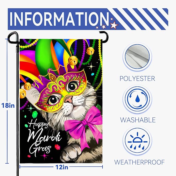 Happy Mardi Gras Garden Flag Masquerade Mask Cat Yard Flags Spring New Orleans Carnival Festival Masquerade Celebration Season Holiday Party Yard Decoration for Outside 12x18 Double Sided