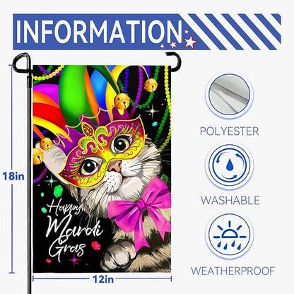 Happy Mardi Gras Garden Flag Masquerade Mask Cat Yard Flags Spring New Orleans Carnival Festival Masquerade Celebration Season Holiday Party Yard Decoration for Outside 12x18 Double Sided