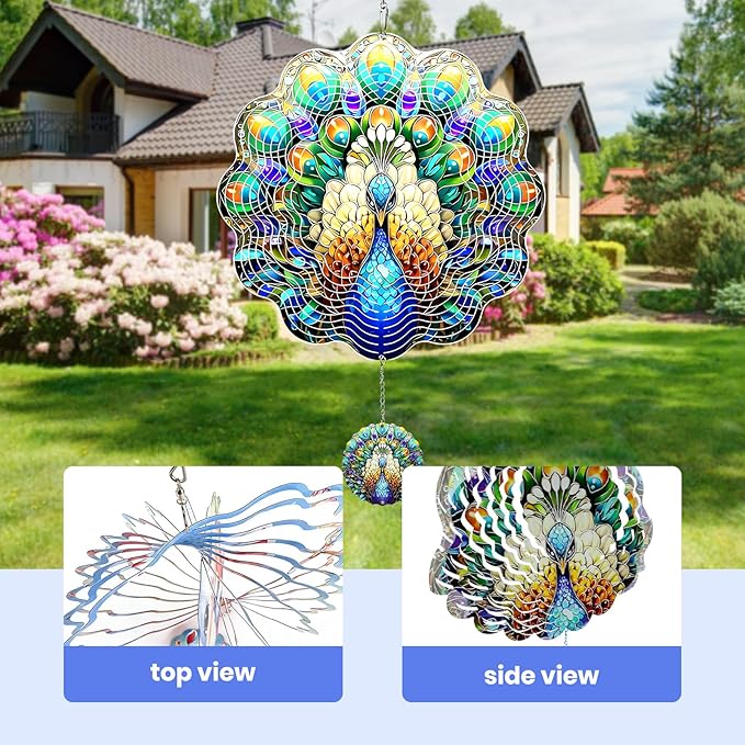 MXJSUA Peacock Wind Spinners for Indoor Outdoor Garden Decoration, 12 Inch Peacock Stainless Steel Hanging Wind Spinners Ornaments Crafts for Gifts