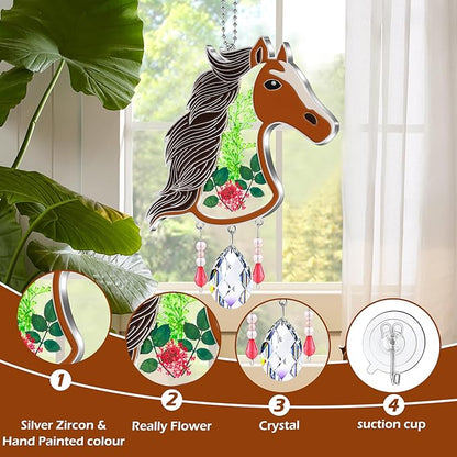 KY&BOSAM Suncatcher Horse Head Stained Glass Crystal Hand-Painted Suncatchers Ornament hangings Wind Chime with Pressed Flower Horse Embedded in Glass Window Mother`s Day Birthdays…