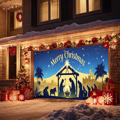 HOMETITUTE Christmas Garage Door Banner 13x6ft Holy Nativity Manger Scene Theme Backdrop Holiday Seasonal Decor Winter Door Cover Banners for Outside Garage Wall Covering for Party