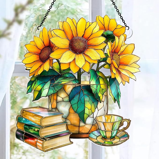 Jesuspirit - Window Hanging Suncatcher – Crystal Clear Acrylic & Wood Sun Catcher for Home Decor, for Women (Nostalgic Sunflowers, Books, and Tea, 8 Inches)