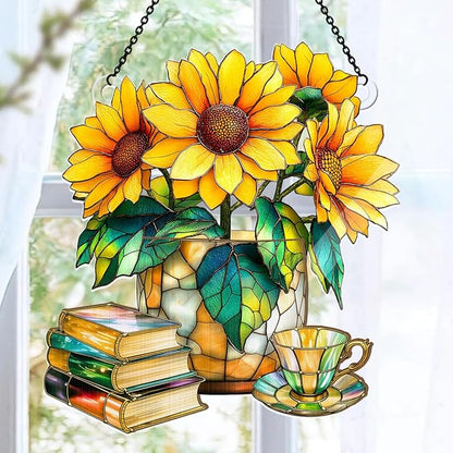Jesuspirit - Window Hanging Suncatcher – Crystal Clear Acrylic & Wood Sun Catcher for Home Decor, for Women (Nostalgic Sunflowers, Books, and Tea, 8 Inches)