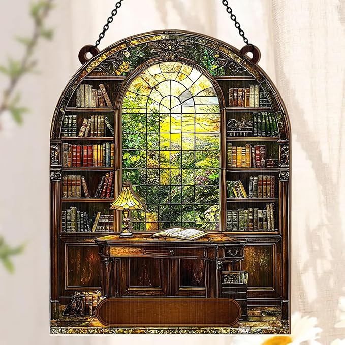 Jesuspirit - Window Hanging Suncatcher – Crystal Clear Acrylic & Wood Sun Catcher for Home Decor, for Women (Your Library, 8 Inches)