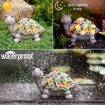 Nacome Solar Turtle Garden Statues: Weatherproof Durable Resin Sculptures with Flowers and Auto LED Lights - Outdoor Lawn Porch Patio Yard Art Decor for Mom Grandma Women