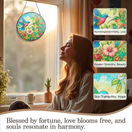 Stained Glass Window Hanging, Hummingbirds Sun Catchers Stained Glass Panels for Indoor Windows Wall Art Decor, Birthday Gift for Mom Women Wife Men Lovers (11.8inch)