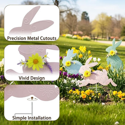 3PCS Spring Rabbit Metal Yard Decorations Stakes, Grandmas Garden Easter Holiday Yard Decoration Outdoor Stakes, Memorial Personalized Unique Garden Gifts Women for Grandma Statue