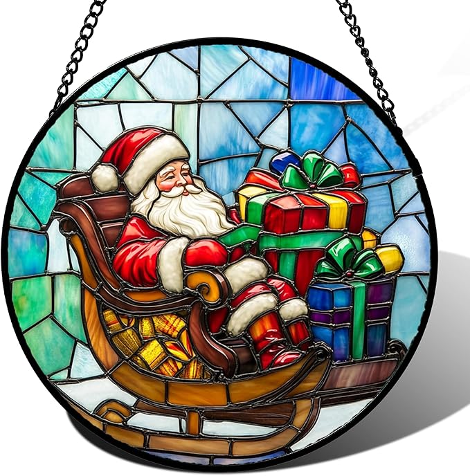 DASTOLL Stained Glass Window Hanging - Santa Claus Gift BoxSuncatcher for Doors Home Christmas Decoration Winter Sun Catcher Thanksgiving New Year Birthday Gift for Women Men Mom Nana 9.8 in