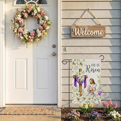 He Is Risen Easter Garden Flag 12x18 Inch Double Sided Outside flag, Jesus, Lamb, Cross, Bouquet of Lilies Yard Outdoor Easter Holiday Decoration