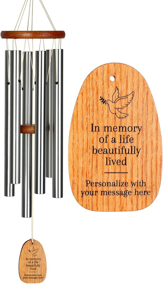 Woodstock Wind Chimes Personalized Amazing Grace Memorial Chime for Outside 24'' Medium Silver Sympathy Customized Dove Inspirational Wind Chime for Outdoor Patio Home Garden Decor
