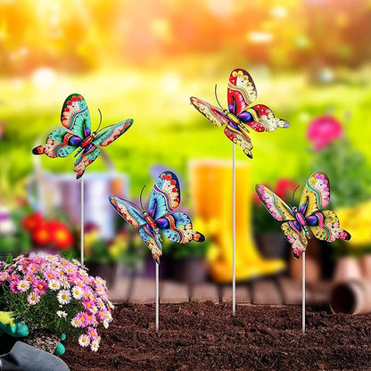 4Pcs Butterfly Garden Stakes Decor, Colorful Butterflies Decorations, Metal Yard Art for Outdoor Lawn Porch Pathway Yard Patio Plant Pot Ornaments (Butterfly- C)