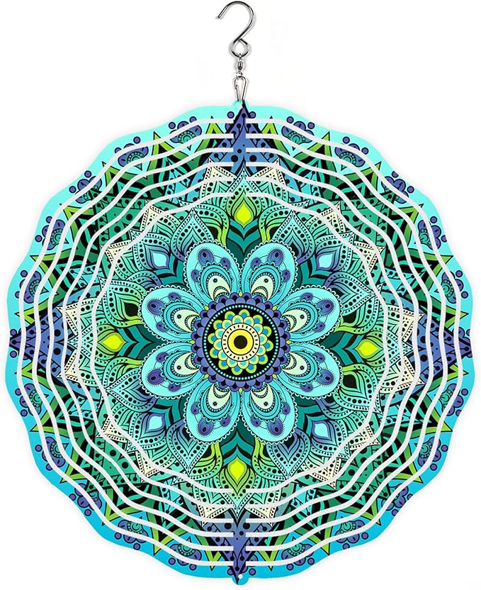 WIRESTER Hanging Wind Spinner 8 Inch, Metal 3D Wind Sculpture Ornament Decoration for Home Yard Garden Patio Balcony Indoor Outdoor - Teal Blue Green Mandala Vintage