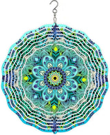 WIRESTER Hanging Wind Spinner 8 Inch, Metal 3D Wind Sculpture Ornament Decoration for Home Yard Garden Patio Balcony Indoor Outdoor - Teal Blue Green Mandala Vintage
