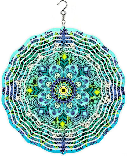 WIRESTER Hanging Wind Spinner 8 Inch, Metal 3D Wind Sculpture Ornament Decoration for Home Yard Garden Patio Balcony Indoor Outdoor - Teal Blue Green Mandala Vintage