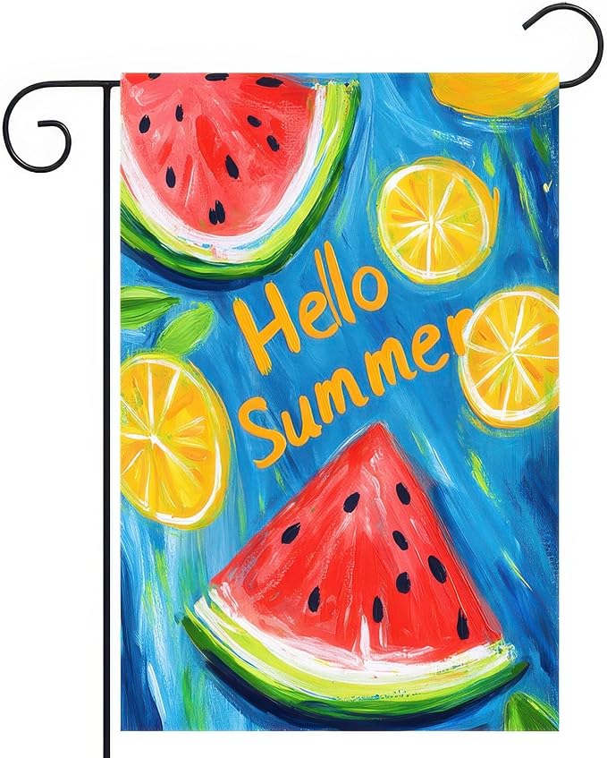 BlissYard Hello Summer Garden Flag Double Sided 12 x 18 Fruity Watermelon Lemon Juice Small Decorative Farmhouse Yard Seasonal Decor Outdoor Outside