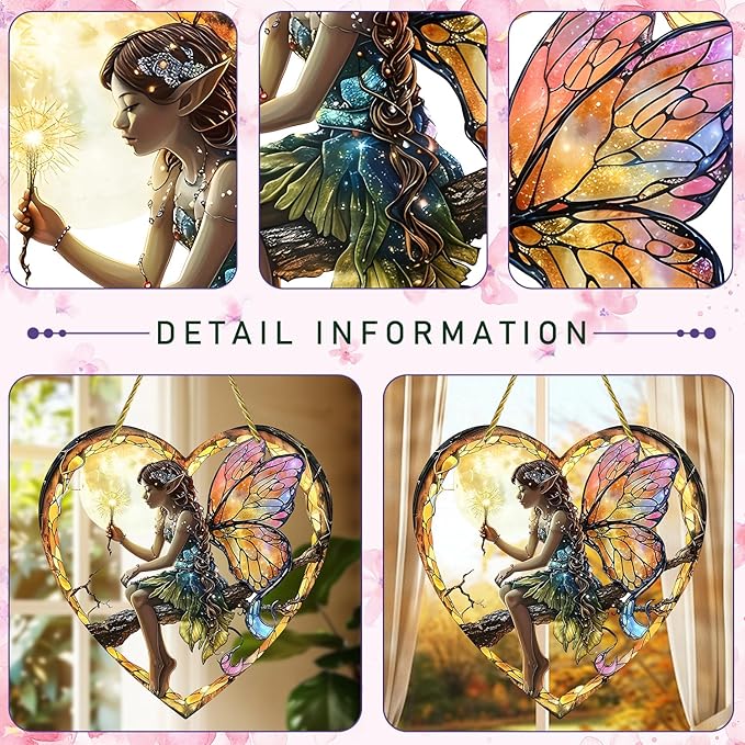 1PC Flower Fairy Acrylic Stained Glass Suncatcher Nature Heart-Shaped Magic and Butterfly Girls Suncatcher Hanging Decoration with Cord SunCatchers for Window Decor Outdoor Garden Decor Gift (Yellow)