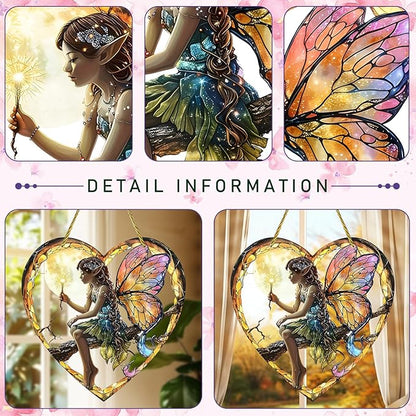 1PC Flower Fairy Acrylic Stained Glass Suncatcher Nature Heart-Shaped Magic and Butterfly Girls Suncatcher Hanging Decoration with Cord SunCatchers for Window Decor Outdoor Garden Decor Gift (Yellow)