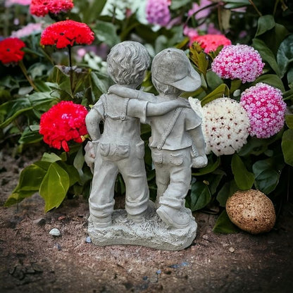 Boys on Stump Figure Outdoor Young Boys Figurine Two Boys Standing Statue