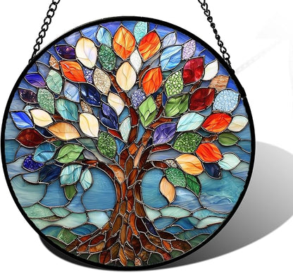 DASTOLL Stained Glass Window Hanging, Colorful Tree of Life Sun Catchers Glass Panel Blue Suncatcher Decor for Birthday for Women, Men, Wife, Aunt, and Mom 6.3 in