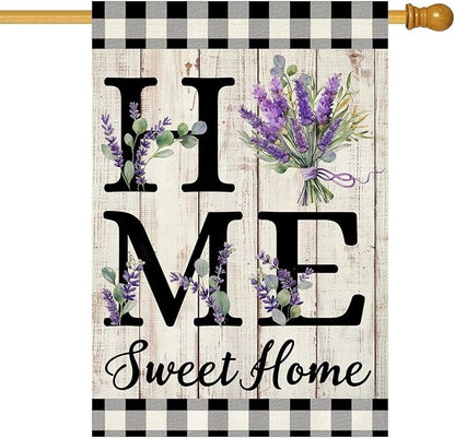 ORTIGIA Spring Summer House Flag 28 x 40 Inch Double Sided Burlap Home Sweet Home Purple Lavender Floral Flower Flag Yard Holiday Outdoor Outside Wedding Anniversary Decoration (Large)
