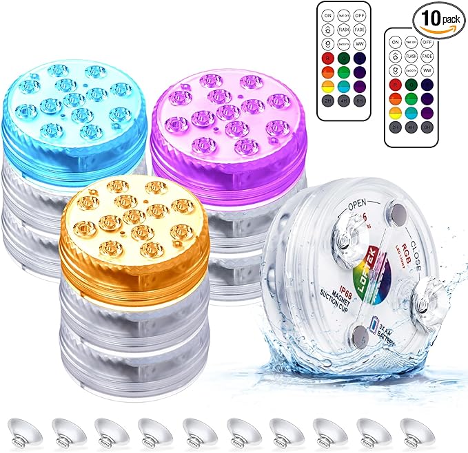 LOFTEK Submersible LED Lights with Remote, 13 LED Pool Lights for Inground Above Ground Pool with Magnets &Suction Cups,16 Color Changing Underwater Light for Ponds Battery Operated, 10 Pack