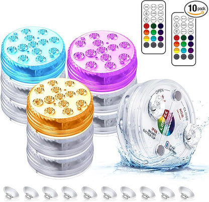 LOFTEK Submersible LED Lights with Remote, 13 LED Pool Lights for Inground Above Ground Pool with Magnets &Suction Cups,16 Color Changing Underwater Light for Ponds Battery Operated, 10 Pack