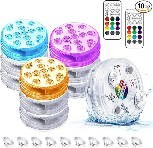LOFTEK Submersible LED Lights with Remote, 13 LED Pool Lights for Inground Above Ground Pool with Magnets &Suction Cups,16 Color Changing Underwater Light for Ponds Battery Operated, 10 Pack