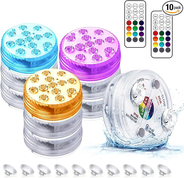 LOFTEK Submersible LED Lights with Remote, 13 LED Pool Lights for Inground Above Ground Pool with Magnets &Suction Cups,16 Color Changing Underwater Light for Ponds Battery Operated, 10 Pack