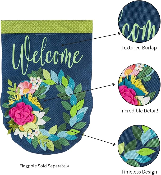 Evergreen Flag Flower Wreath Garden Burlap Flag | Spring Floral Garden Flags 12x18 double sided | Small House Flags For Outside | Welcome Spring Flag Décor for Yards Porch Gardens