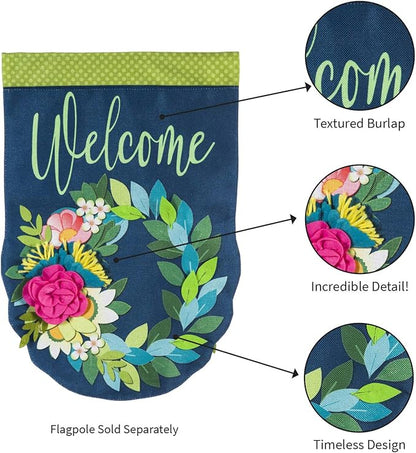 Evergreen Flag Flower Wreath Garden Burlap Flag | Spring Floral Garden Flags 12x18 double sided | Small House Flags For Outside | Welcome Spring Flag Décor for Yards Porch Gardens