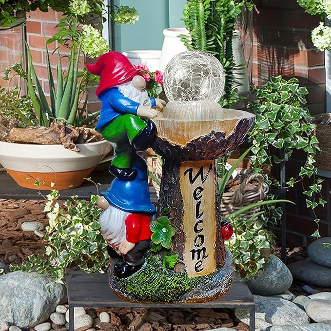 Garden Gnomes Outdoor Statue with Solar LED Lights, Solar Garden Gnomes Decorations10.4 in Funny Double Gnomes Sculptures Home Outdoor Lawn Yard Decor, Ideal Gnomes Gifts for Women/Grandma/Mom