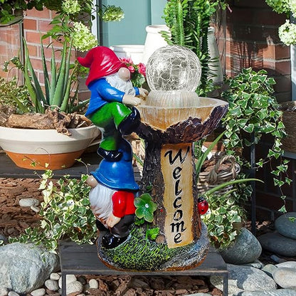 Garden Gnomes Outdoor Statue with Solar LED Lights, Solar Garden Gnomes Decorations10.4 in Funny Double Gnomes Sculptures Home Outdoor Lawn Yard Decor, Ideal Gnomes Gifts for Women/Grandma/Mom