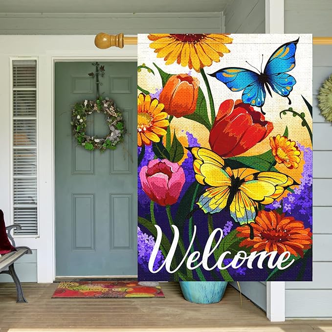 Louise Maelys Welcome Spring Floral House Flag 28x40 Inch Double Sided, Burlap Large Spring Summer Butterfly Yard for Seasonal Outside Outdoor House Decoration