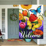 Louise Maelys Welcome Spring Floral House Flag 28x40 Inch Double Sided, Burlap Large Spring Summer Butterfly Yard for Seasonal Outside Outdoor House Decoration