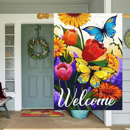 Louise Maelys Welcome Spring Floral House Flag 28x40 Inch Double Sided, Burlap Large Spring Summer Butterfly Yard for Seasonal Outside Outdoor House Decoration