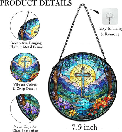 Christian Cross Suncatcher Stained Glass Window Hanging Decor, Christian Sunshine Stained Glass Wall Decor Gifts, Religious Baptism Nature Lawn Garden Sun Catchers Hanging Wall Art, 7.9x7.9 in