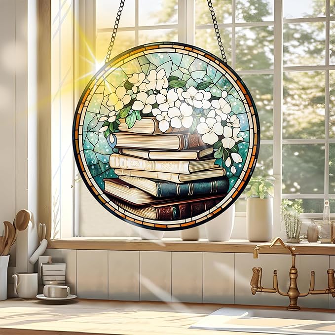 VAIIEYO Books Sun Catcher Stained Glass Window Hanging Ornament, Handmade Sun Catcher Flower Decoration with Hooks for Window Garden Home, Mother's Day & Birthday Housewarming Gift (7.8 inch)