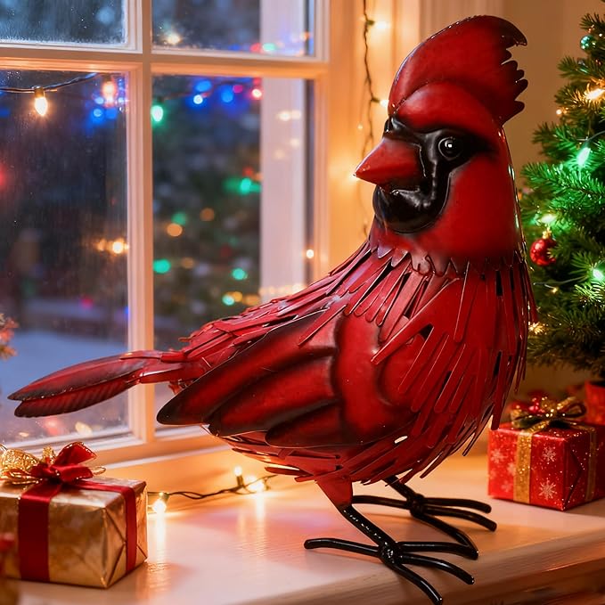 Metal Red Cardinal Garden Decoration Statue Metal Bird Yard Art Red Bird Sculpture for Outdoor Patio & Indoor Home Decor - Gifts for Mom Grandma