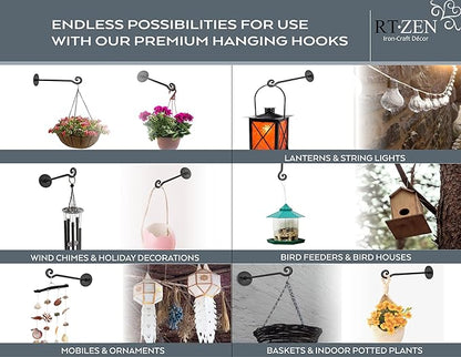 RTZEN Plant Hangers Outdoor or Indoor - Wrought Iron Metal Hanger Indoor Hook - Heavy Duty Wall Bracket Hooks for Hanging Plants Baskets Lanterns Wind Chimes - 2 Pack (Black Swirl Hooks)