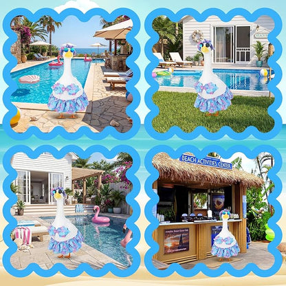 Abbylike 1 Set Bikini Porch Goose Outfit Summer Shell Goose Costume Hawaiian Geese Clothes with Sun Hat Sunglass Fits 23'' Statue Cement for Beach Yard Garden Lawn Pathway Patio Pool Decoration