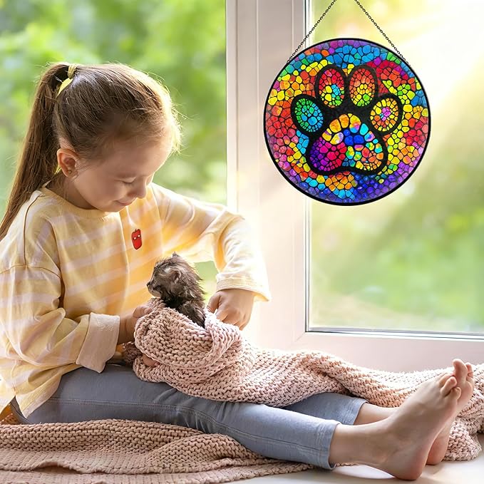 Paw Print Stained Glass Window Hanging, 7.9" Paw Print Sun Catcher Pet Memorial Suncatcher Ornament, Sun Catcher Glass Panel with Chain, Dog Memorial Gifts for Mom Grandma, Pet Lovers Gifts