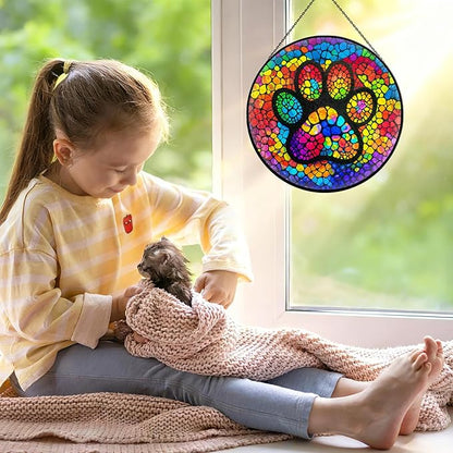 Paw Print Stained Glass Window Hanging, 7.9" Paw Print Sun Catcher Pet Memorial Suncatcher Ornament, Sun Catcher Glass Panel with Chain, Dog Memorial Gifts for Mom Grandma, Pet Lovers Gifts
