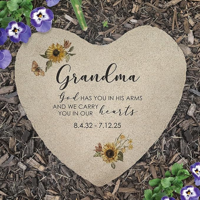 GiftsForYouNow Personalized Heart Memorial Garden Stone with Sunflowers – Custom Engraved Outdoor Tribute for Grandma with Name and Dates
