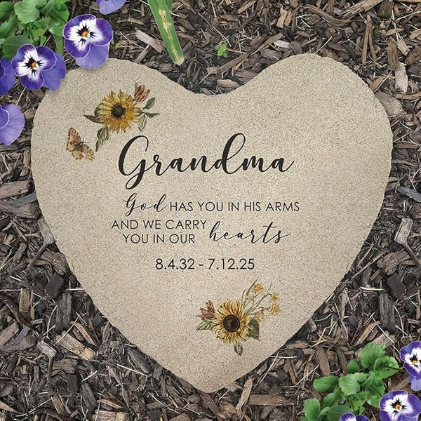 GiftsForYouNow Personalized Heart Memorial Garden Stone with Sunflowers – Custom Engraved Outdoor Tribute for Grandma with Name and Dates