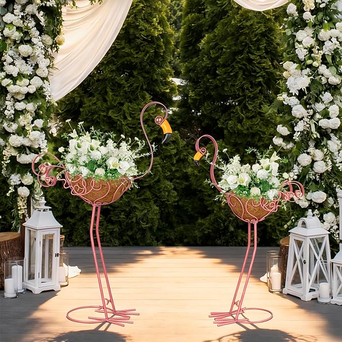 Set of 2 Pink Flamingo Outdoor Planters with Basket, Metal Flamingo Planter for Indoor Outdoor Garden Yard Decor (Flamingo-Planter)