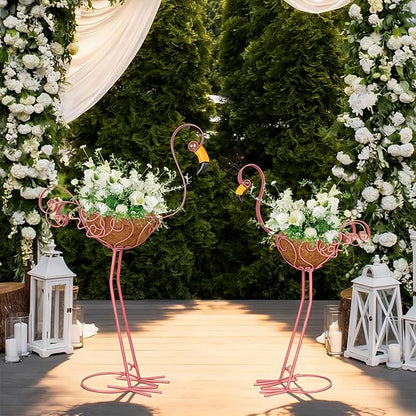 Set of 2 Pink Flamingo Outdoor Planters with Basket, Metal Flamingo Planter for Indoor Outdoor Garden Yard Decor (Flamingo-Planter)